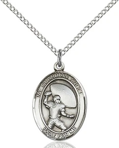 Sterling Silver Football Guardian Angel Medal Pendant Necklace W/ Chain - Picture 1 of 4