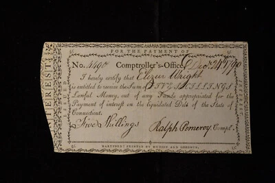 1790 5 Shilling Connecticut Colonial Currency Interest Certificate Ralph Pomeroy - Image 1 of 4