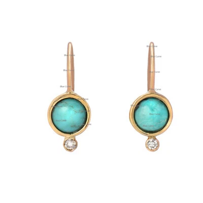 Solid 18k Yellow Gold Bezel Set Turquoise with 1 Diamond Hook Earrings Jewelry - Image 1 of 2