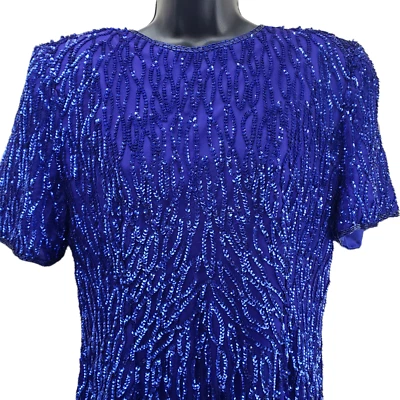 Stenay Vintage Women's Dress Sz 12 100% Silk Blue Sequin Short Sleeve  - Image 1 of 4