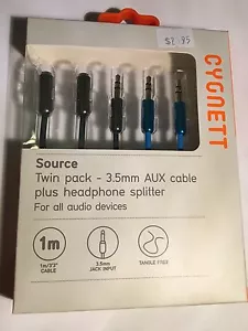 AUX Cable 3.5mm Twin Pack by Cygnett CY1415HESPL + Headphone Splitter. Brand New - Picture 1 of 3
