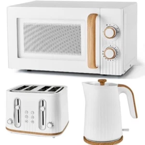 Holz strukturierter Scandi Wasserkocher Toaster und Mikrowelle Set stilvolle Küche in weiß - Bild 1 von 6