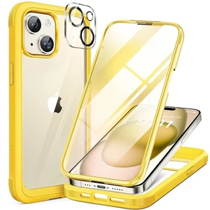 Full Body iPhone 15 Case 6.1" With 9H Tempered Glass Screen Protector Yellow  - Picture 1 of 7