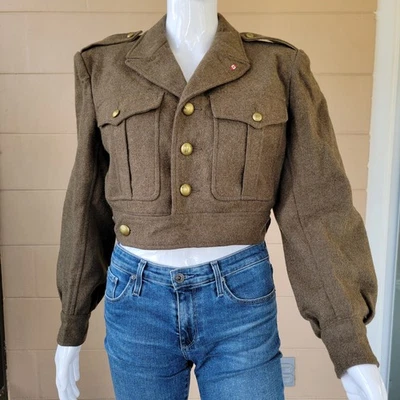 Jaqueta de lã oliva vintage militar estilo Ike década de 1960 casaco curto botões dourados M - Imagem 1 de 4