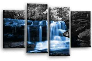 Waterfall Art Print Blue Grey Forest Landscape Framed Split Panel Wall Picture - Picture 1 of 6