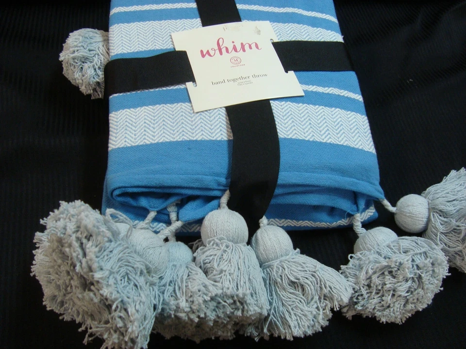 Whim Martha Stewart Tassel Band Together 50x60 Cotton Stripe Throw Blanket Blue