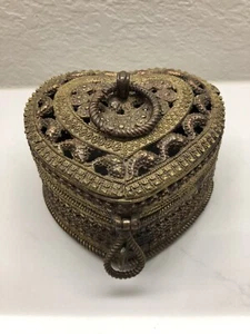 Brass Hinged Trinket Potpourri Incense Holder Heart Shaped Chest Pre-owned - Picture 1 of 9