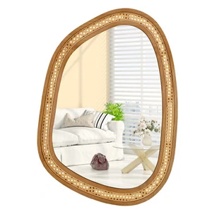Irregular PVC Rattan Wall Mirro Boho Decorative Farmhouse Mirror w/ Wooden Frame - Picture 1 of 8