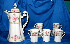 Juego de 12 piezas vintage pintadas a mano Japón chocolate/tetera rosas rosadas adorno dorado - Imagen 1 de 5