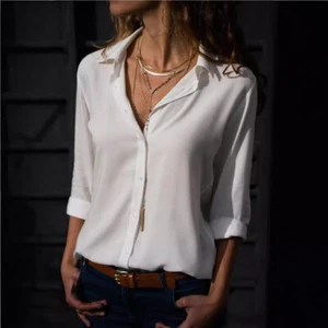 Women's Solid Color Long Sleeve Chiffon Shirt Casual Loose Button Blouse Tops - Picture 1 of 32