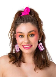 80's Retro Cassette Tape Earrings Adult Pink Clip On Retro Jewellery Fancy Dress - Picture 1 of 2