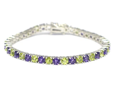 Natural Peridot & Amethyst Gemstone 925 Sterling Silver Tennis Bracelet Jewelry - Image 1 of 4