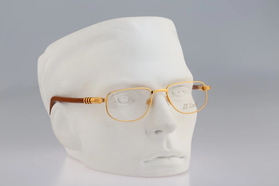 Lord 7014 6 Vintage 90s gold & genuine wood temples rectangle glasses frames NOS - Image 1 of 4