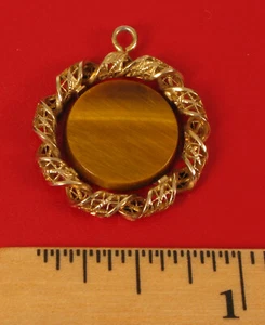 VINTAGE TIGER EYE PENDANT 14K GOLD OVERLAY DESIGNER SIGNED CM DAINTY NICE !! - Picture 1 of 1