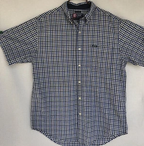 NICE  Men Shirt L Blue Black Plaid Pocket Finger Tab EZ Care  CHAPS Poly Cotton - Picture 1 of 6