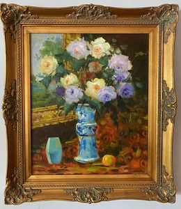 Original Impressionist Oil on Canvas Painting-Flowers by Richardson - Gold Frame - Picture 1 of 3