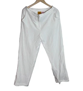 Ruby Red White Lined Pants Womens 10 Straight Leg Zip Pockets Button Linen Rayon - Picture 1 of 2