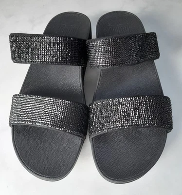 FITFLOP ELECTRA MICRO SLIDE SIZE 6/39 BLACK SEQUIN SANDALS BNWOT FREE P&P - Image 1 of 4