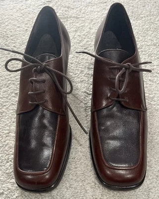 NUEVO Zapatos de Cuero Marrón Amalfi, Mujer’s Dos Tonos Tacón Bloque 8, Diseñador Italiano Foto 1 de 4