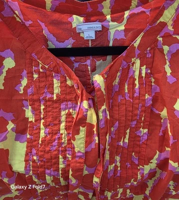  Gap Size L Button Front Blouse  Print Red Pink Yellow Tie Neck Womens - Image 1 of 2