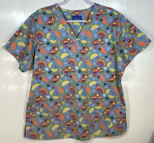 Scrub Top womens size L large Watermelon Summertime Fun flowers blue pink yellow - Picture 1 of 3