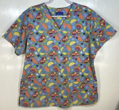 Scrub Top womens size L large Watermelon Summertime Fun flowers blue pink yellow - Image 1 of 3