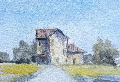 original watercolor painting ACEO rural Barn street farmhouse trees Sky SIBY - Image 1 of 3