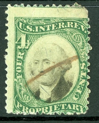 USA 1862 Proprietary 4¢ Revenue Green & Black on Green Paper Sc RB4b VFU D687 - Image 1 of 4