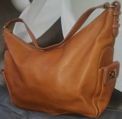 Polo Ralph Lauren Shoulder Bag ID Brown Moon Pebble Leather Pockets Zip Closure - Image 1 of 4