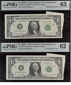 1969D $1 Federal Reserve Note PMG 63 rare 2 consecutive printed fold error notes - Picture 1 of 5