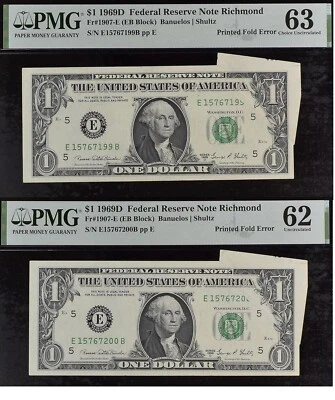 1969D $1 Federal Reserve Note PMG 63 rare 2 consecutive printed fold error notes - Image 1 of 4