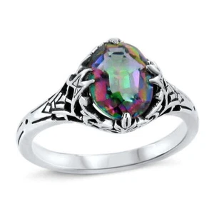 CLASSIC STYLE MYSTIC QUARTZ 925 STERLING SILVER SOLITAIRE FILIGREE RING 439X - Picture 1 of 3