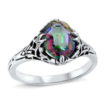 CLASSIC STYLE MYSTIC QUARTZ 925 STERLING SILVER SOLITAIRE FILIGREE RING     439X - Image 1 of 3