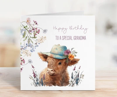 Tarjeta de cumpleaños personalizada abuela hija amiga sobrina diseño vaca Highland 2 Foto 1 de 2