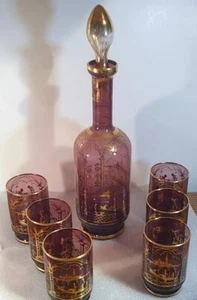 Vidrio decantador veneciano amatista Morano con 6 vasos soplado a mano pintado a mano oro - Imagen 1 de 11