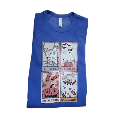 Halloween Tarotkarte Kürbis Pullover blau Gr. L gruseliger Herbst - Bild 1 von 4