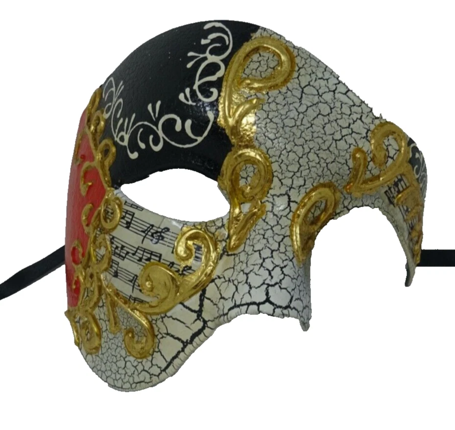 QUALITY RED BLACK & GOLD HALF FACE PHANTOM  OPERA MUSICAL NOTES MASQUERADE MASK - Image 1 of 4