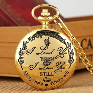 Silver/Gold/Black Roman Number TO MY HUSBAND Men Quartz Pocket Watch Chain Gift - Picture 1 of 15
