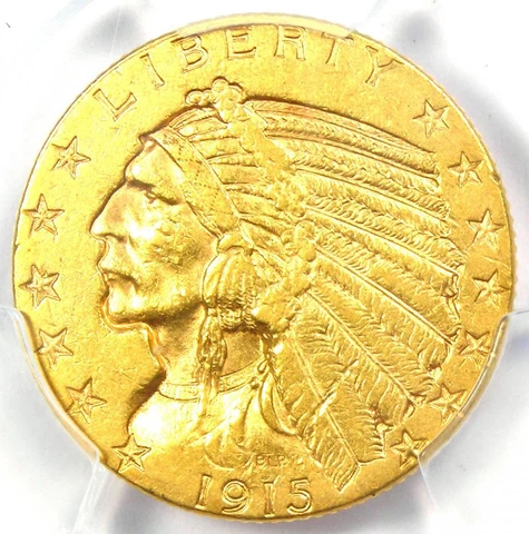 1915 Indian Gold Half Eagle $5 Gold Coin - Certified PCGS AU55 - Rare Coin! Cover
