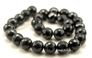14MM BLACK TOURMALINE GEMSTONE FACETED ROUND LOOSE BEADS 7.5inch - Picture 1 of 3