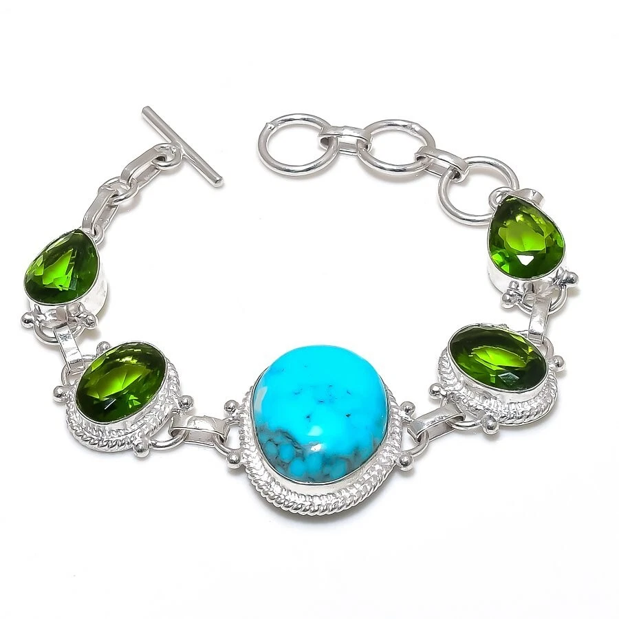 Natural Turquoise Gemstone Handmade 925 Sterling silver Bracelet Size 7-8 - Image 1 of 1