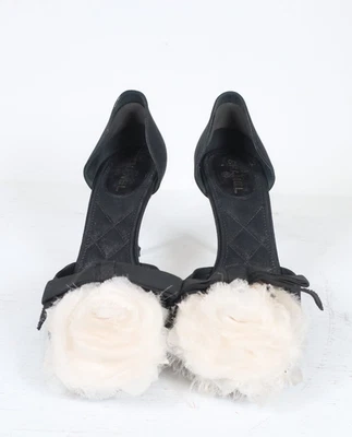 Vtg Chanel Black White Camellia Flower Heels 37.5 - Image 1 of 4