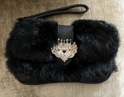 Michelle Monroe Vintage Leather And Fur Clutch Bag Heart & Crown Silver Crystal - Image 1 of 4