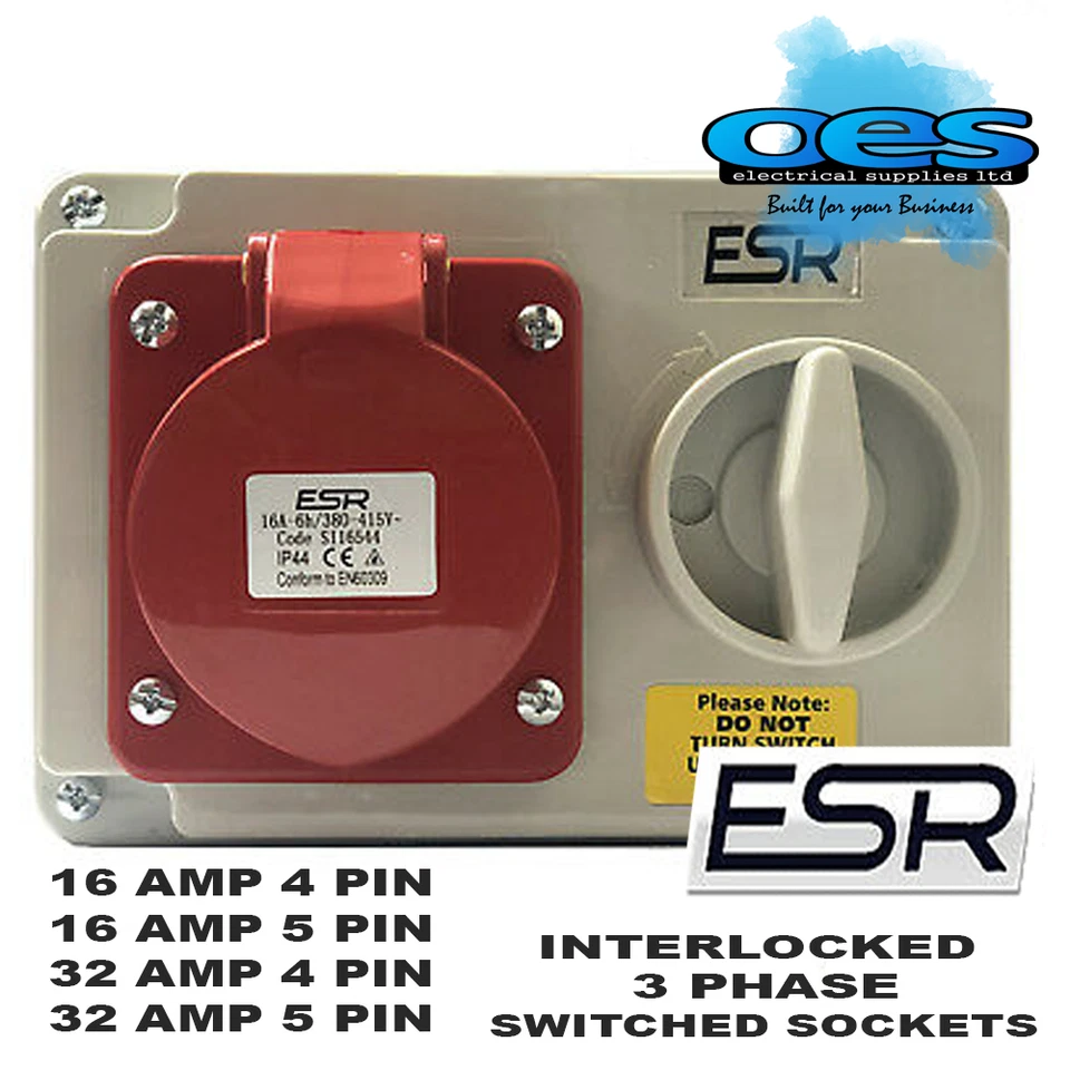 INTERLOCKED SWITCHED SOCKET 415VOLT 16A 32A 4PIN 5PIN  RED IP44 SURFACE 3 PHASE - Image 1 of 1