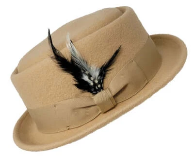 Porkpie Pork Pie Fedora Hats with Feather for Men Women 100% Wool - Image 1 of 3