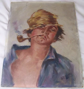 c1930 ART DECO STRAW HAT CORN COB PIPE PORTRAIT OIL PAINTING E.C. BANKS - Picture 1 of 3