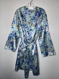 Morgan Taylor Intimates Women L/XL Satin Blue Floral Self-Belt Robe Sexy Sweet - Picture 1 of 4