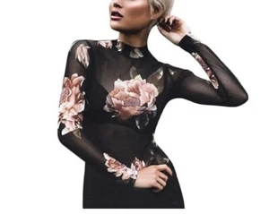 NWT Mesh Sheer Long Sleeve Mock Neck Top Rose Pattern L - Picture 1 of 5