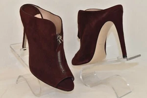 NEW MIU MIU KENDRA BURGUNDY SUEDE DECORATIVE ZIPPER PEEP TOE HEEL MULES 36.5 - Picture 1 of 12