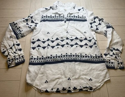 J. Pulôver túnica feminino Crew linho popover geométrico estampa azul marinho e branco tamanho LS - Imagem 1 de 4